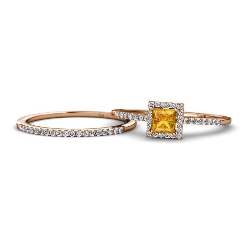 Junia 5.50 mm Princess Cut Citrine and Round Diamond Bridal Set Ring 