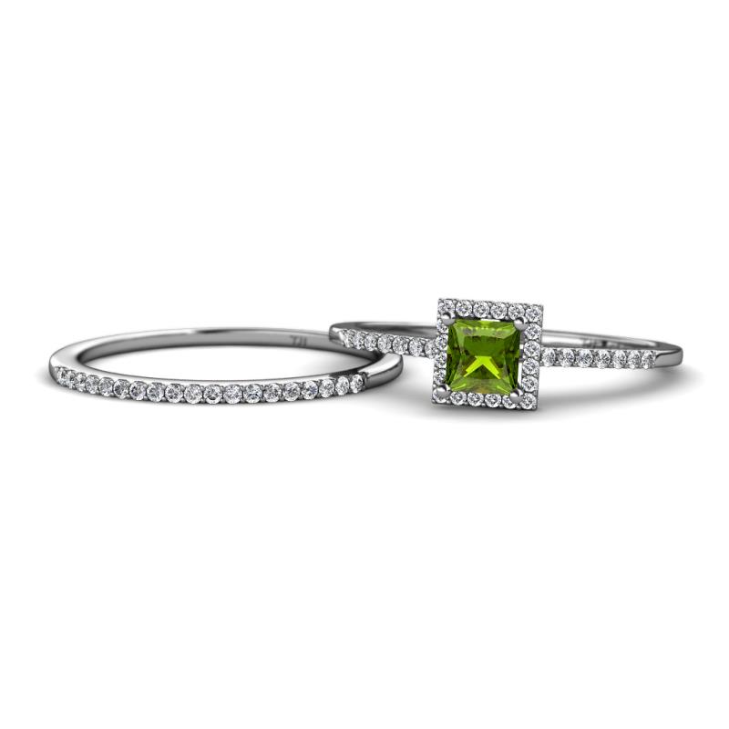 Junia 5.50 mm Princess Cut Peridot and Round Diamond Bridal Set Ring 