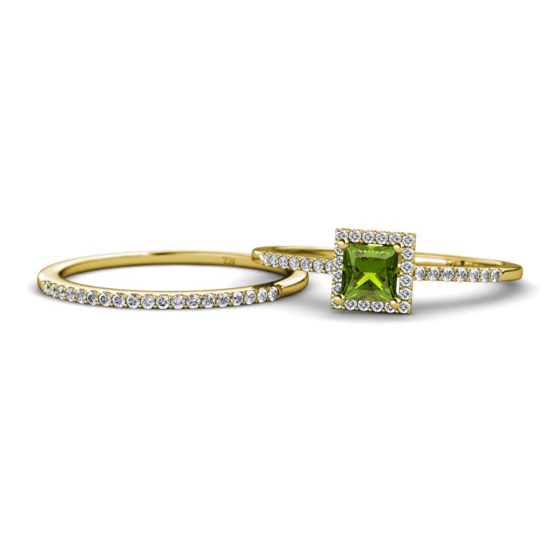 Junia 5.50 mm Princess Cut Peridot and Round Diamond Bridal Set Ring 
