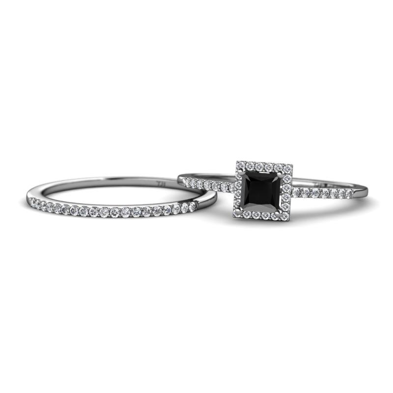 Junia 5.50 mm Princess Cut Black Diamond and Round Diamond Bridal Set Ring 