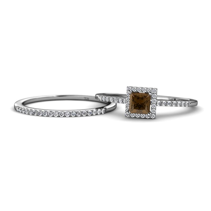 Junia 5.50 mm Princess Cut Smoky Quartz and Round Diamond Bridal Set Ring 