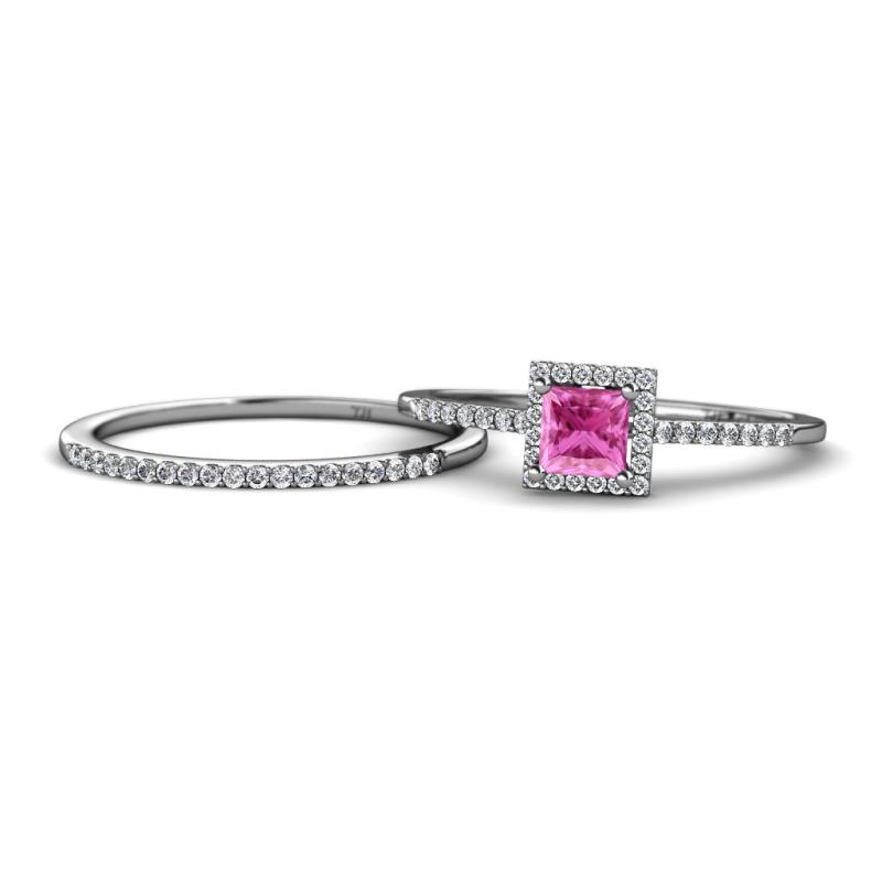 Junia 5.50 mm Princess Cut Lab Created Pink Sapphire and Round Diamond Bridal Set Ring 