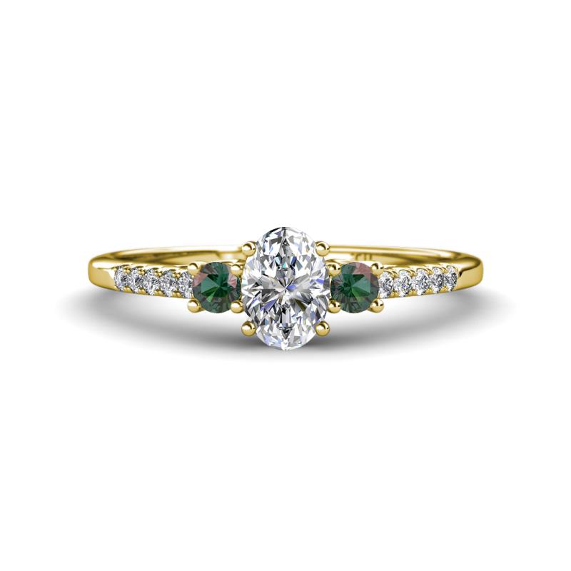 Arista Classic Oval Cut Diamond and Round Lab Created Alexandrite Three Stone Engagement Ring 