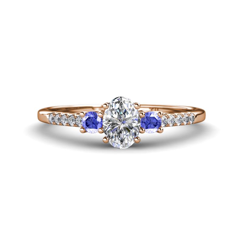 Arista Classic Oval Cut Diamond and Round Tanzanite Three Stone Engagement Ring 