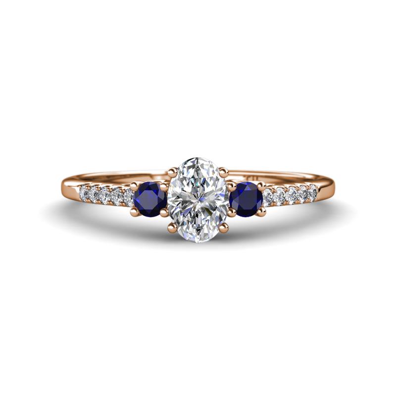 Arista Classic Oval Cut Diamond and Round Blue Sapphire Three Stone Engagement Ring 