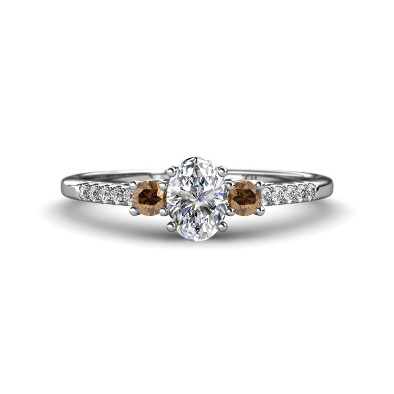 Arista Classic Oval Cut Diamond and Round Smoky Quartz Three Stone Engagement Ring 
