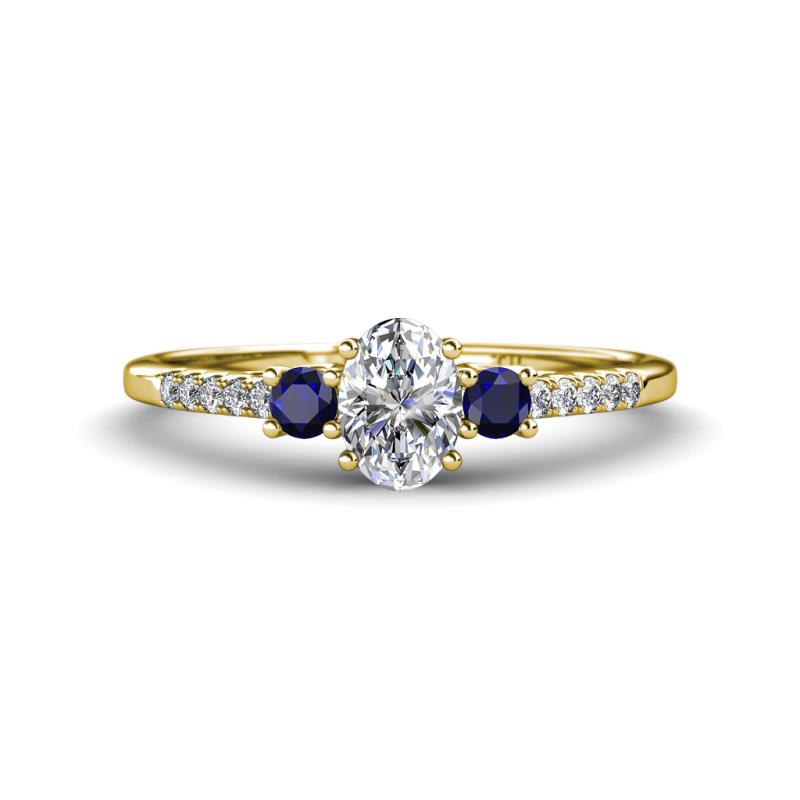 Arista Classic Oval Cut Diamond and Round Blue Sapphire Three Stone Engagement Ring 