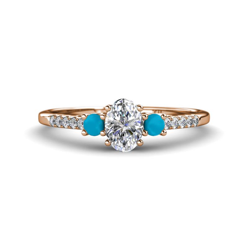 Arista Classic Oval Cut Diamond and Round Turquoise Three Stone Engagement Ring 