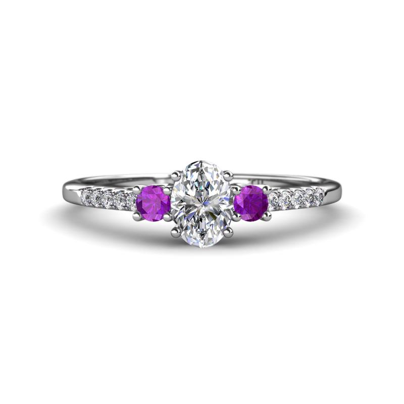 Arista Classic Oval Cut Lab Grown Diamond and Round Amethyst Three Stone Engagement Ring 