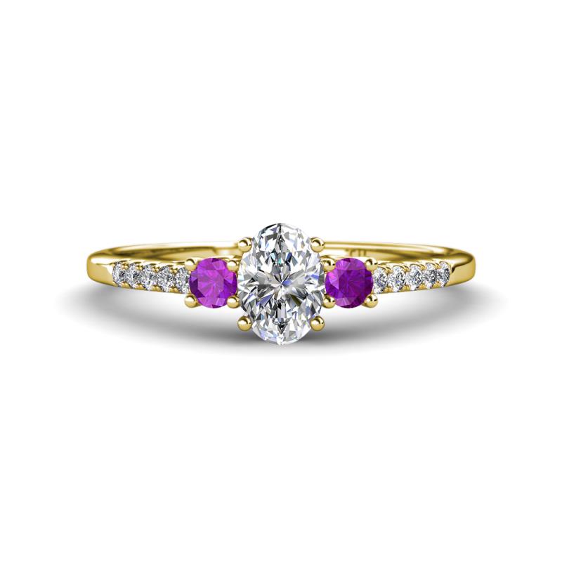 Arista Classic Oval Cut Lab Grown Diamond and Round Amethyst Three Stone Engagement Ring 