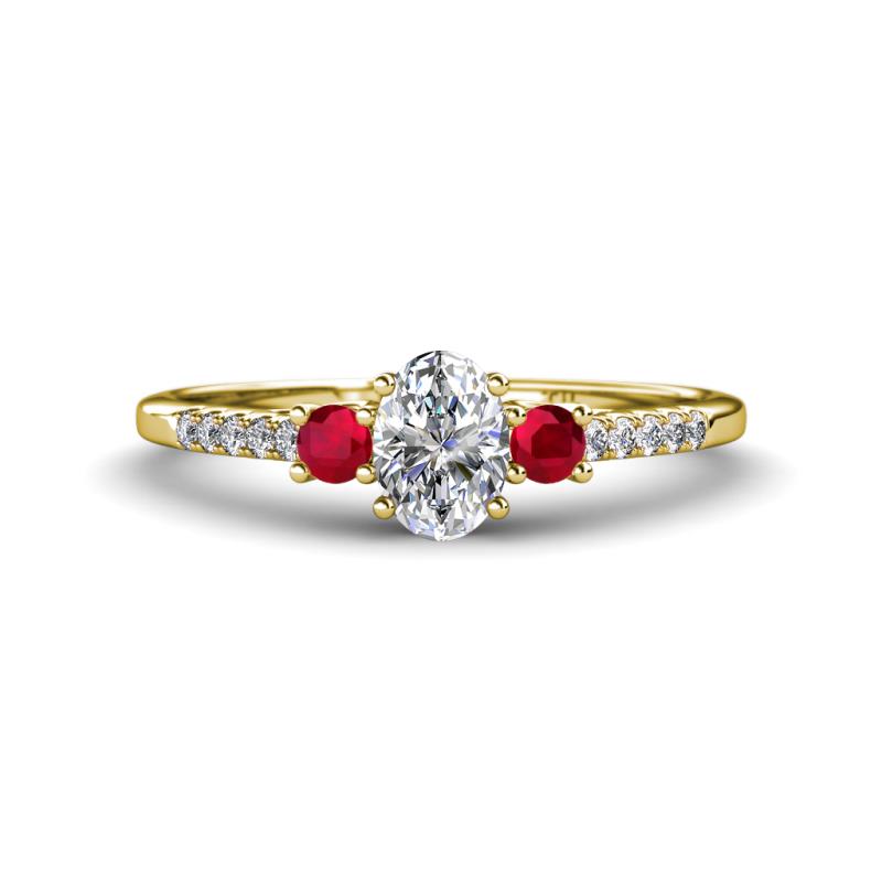 Arista Classic Oval Cut Lab Grown Diamond and Round Ruby Three Stone Engagement Ring 