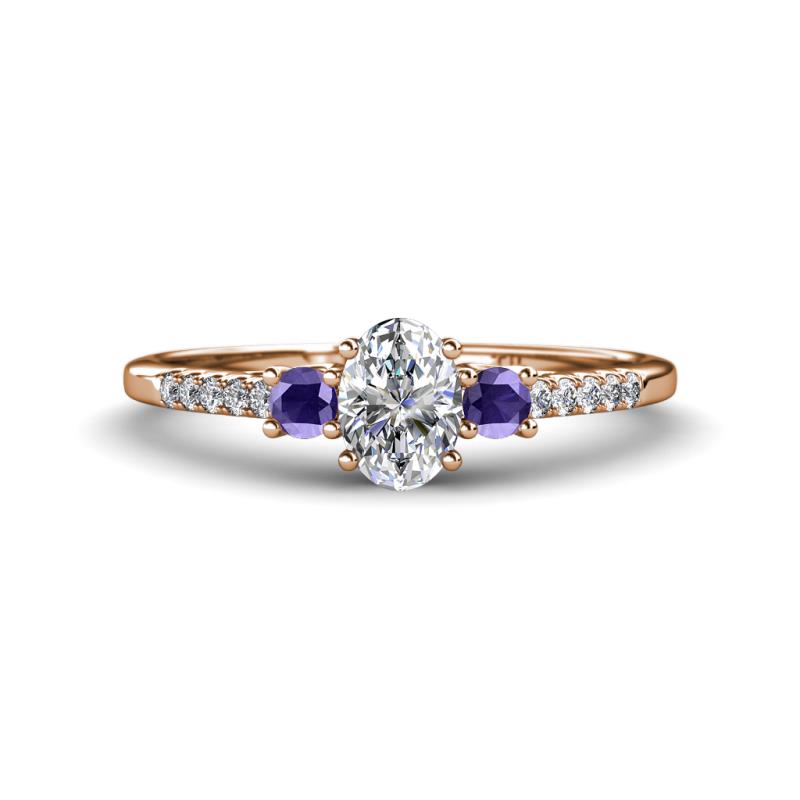 Arista Classic Oval Cut Lab Grown Diamond and Round Iolite Three Stone Engagement Ring 