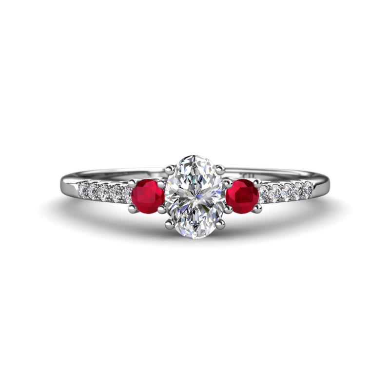 Arista Classic Oval Cut Lab Grown Diamond and Round Ruby Three Stone Engagement Ring 