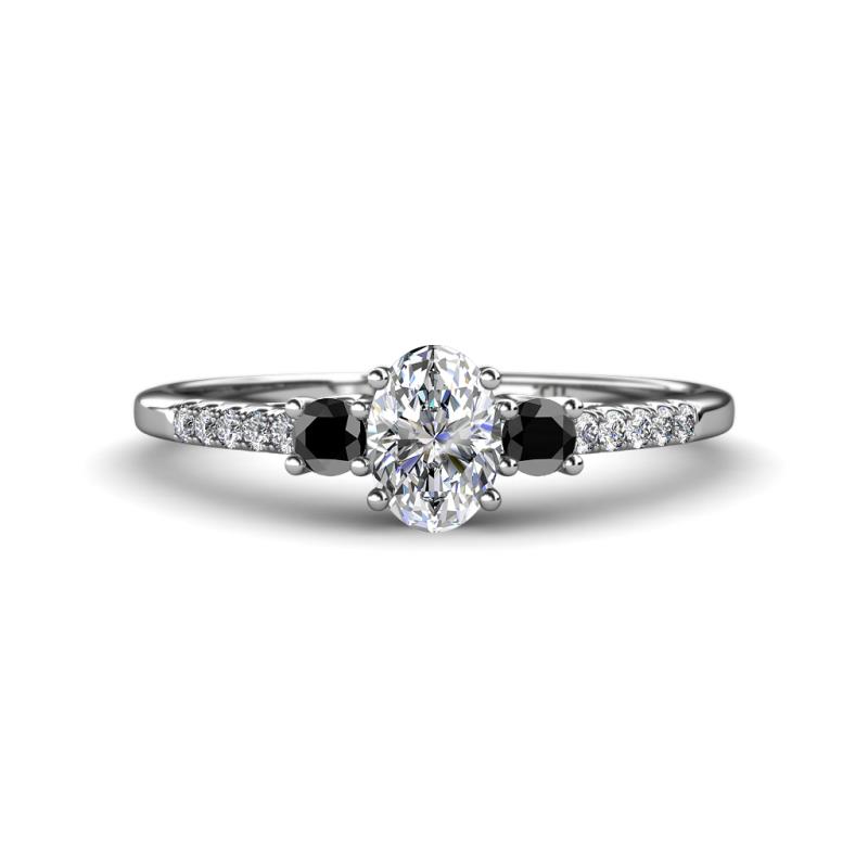 Arista Classic Oval Cut Lab Grown Diamond and Round Black Diamond Three Stone Engagement Ring 