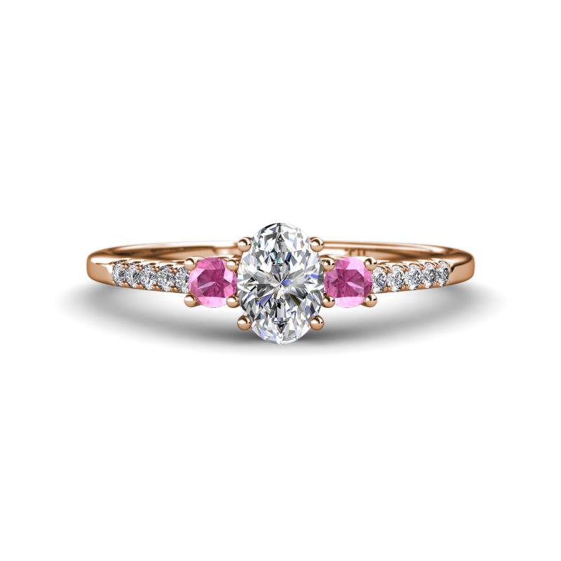 Arista Classic Oval Cut Lab Grown Diamond and Round Pink Sapphire Three Stone Engagement Ring 