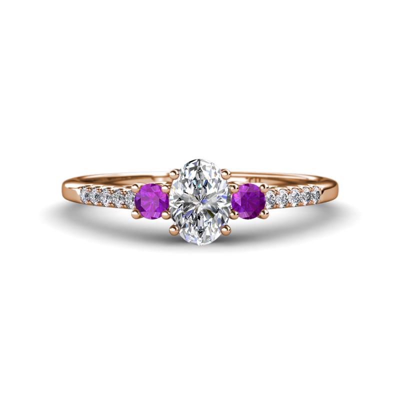 Arista Classic Oval Cut Lab Grown Diamond and Round Amethyst Three Stone Engagement Ring 