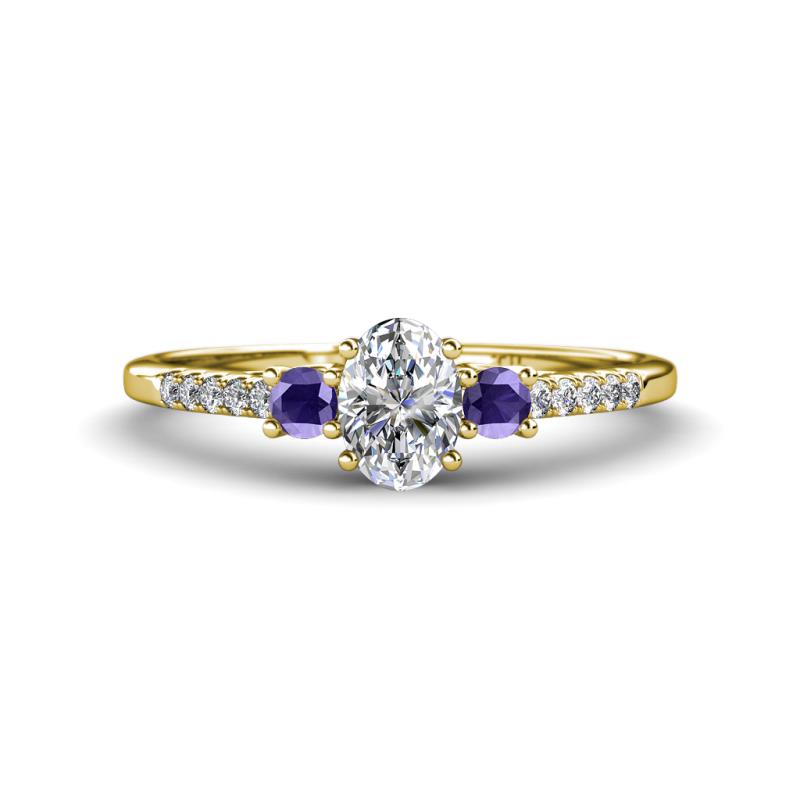 Arista Classic Oval Cut Lab Grown Diamond and Round Iolite Three Stone Engagement Ring 