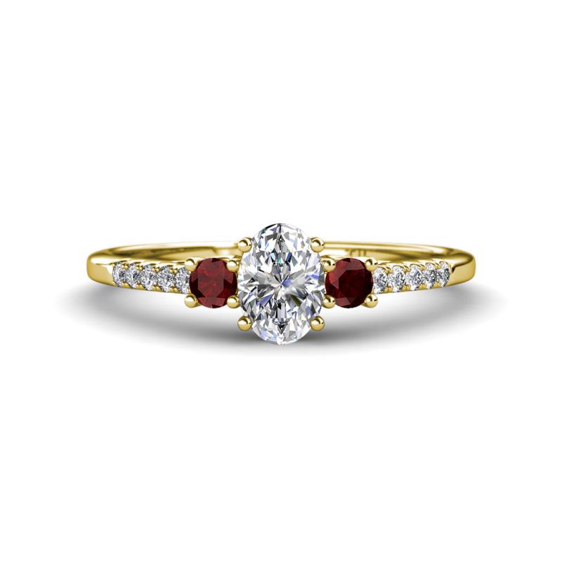 Arista Classic Oval Cut Lab Grown Diamond and Round Red Garnet Three Stone Engagement Ring 