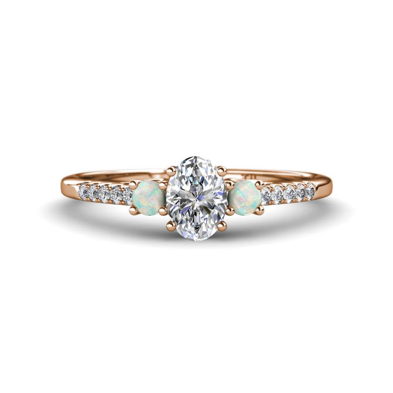 Arista Classic Oval Cut Lab Grown Diamond and Round Opal Three Stone Engagement Ring 