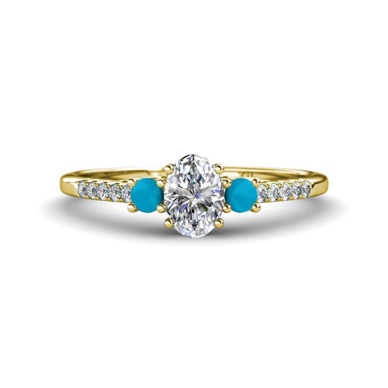 Arista Classic Oval Cut Lab Grown Diamond and Round Turquoise Three Stone Engagement Ring 