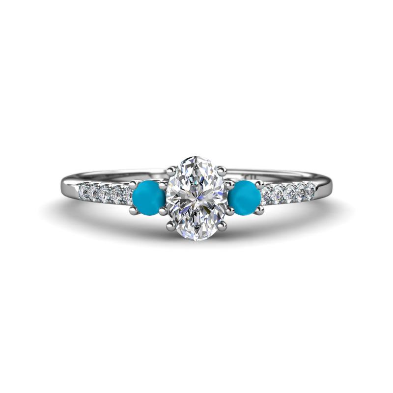 Arista Classic Oval Cut Lab Grown Diamond and Round Turquoise Three Stone Engagement Ring 