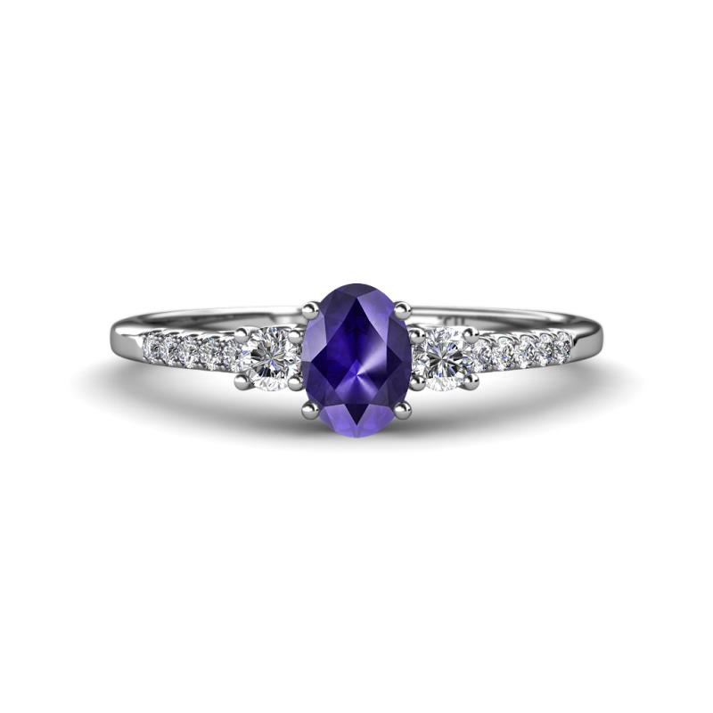 Arista Classic Oval Cut Iolite and Round Diamond Three Stone Engagement Ring 