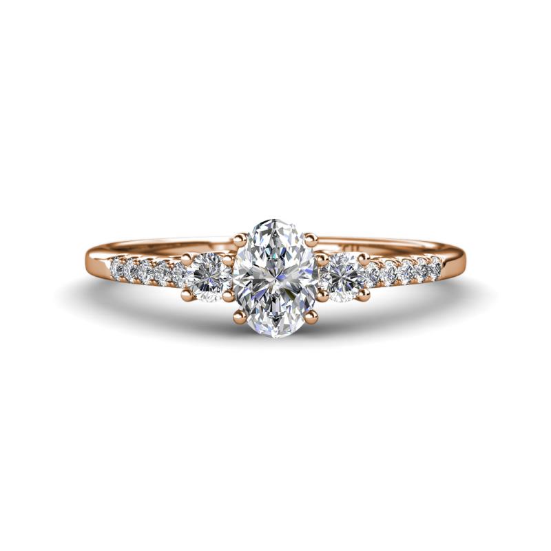 Arista Classic Oval Cut Forever One Moissanite and Round Diamond Three Stone Engagement Ring 