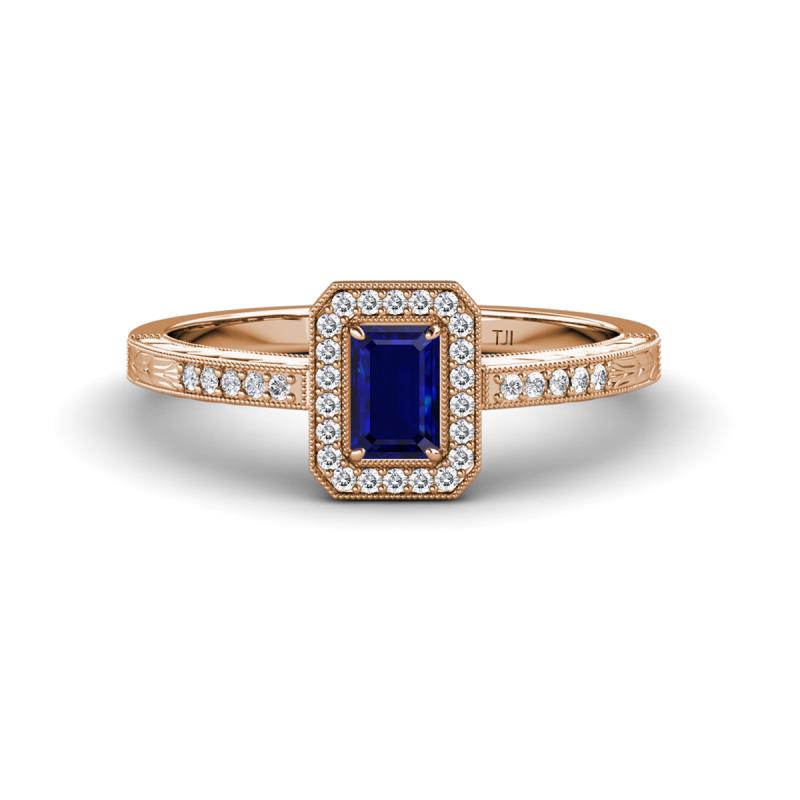 Wanda Desire Emerald Cut 6x4 mm Blue Sapphire and Round Diamond Leaf Engraved Halo Engagement Ring 