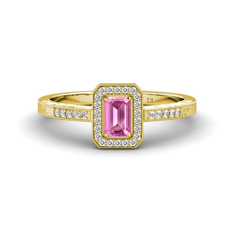 Wanda Desire Emerald Cut 6x4 mm Pink Sapphire and Round Diamond Leaf Engraved Halo Engagement Ring 