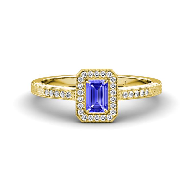 Wanda Desire Emerald Cut 6x4 mm Tanzanite and Round Diamond Leaf Engraved Halo Engagement Ring 