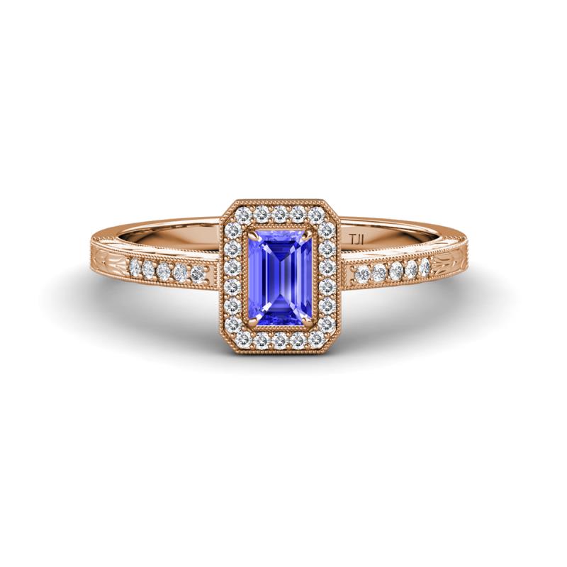 Wanda Desire Emerald Cut 6x4 mm Tanzanite and Round Diamond Leaf Engraved Halo Engagement Ring 