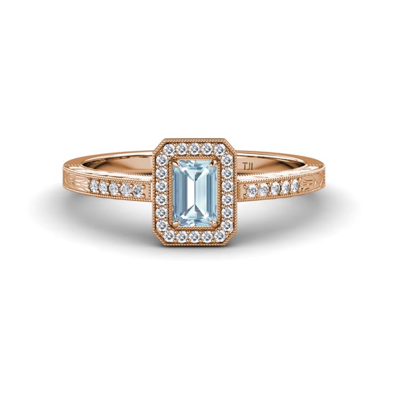 Wanda Desire Emerald Cut 6x4 mm Aquamarine and Round Diamond Leaf Engraved Halo Engagement Ring 