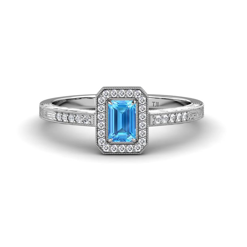 Wanda Desire Emerald Cut 6x4 mm Blue Topaz and Round Diamond Leaf Engraved Halo Engagement Ring 