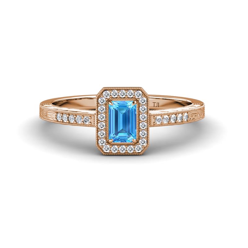 Wanda Desire Emerald Cut 6x4 mm Blue Topaz and Round Diamond Leaf Engraved Halo Engagement Ring 