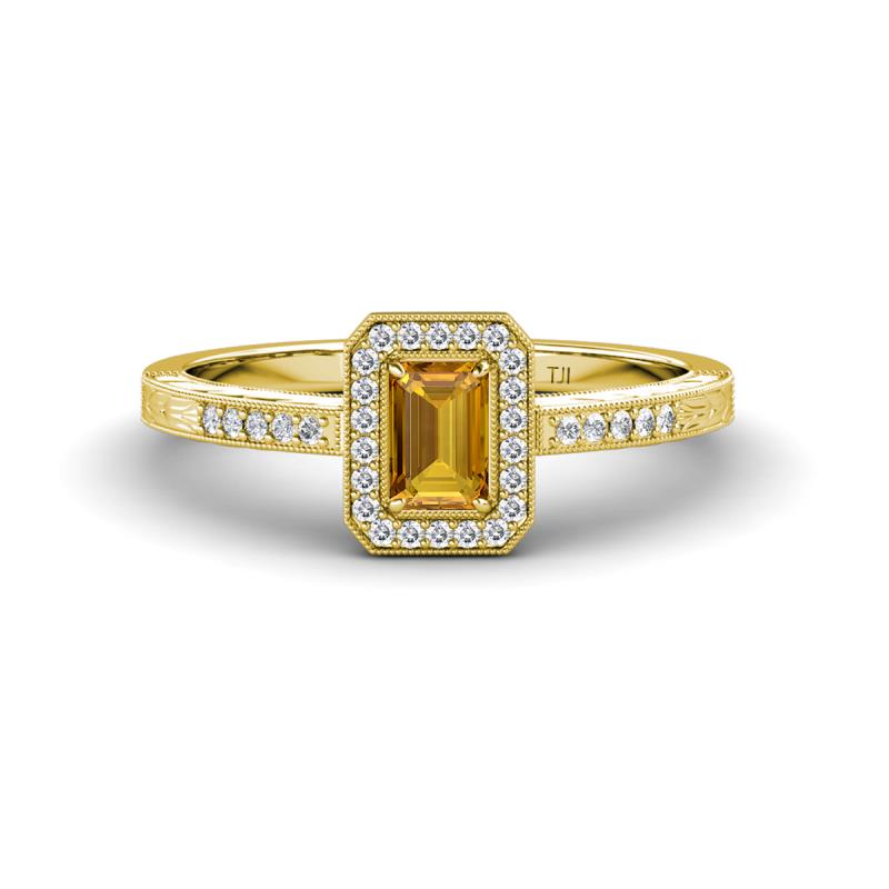Wanda Desire Emerald Cut 6x4 mm Citrine and Round Diamond Leaf Engraved Halo Engagement Ring 