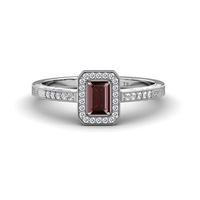 Wanda Desire Emerald Cut 6x4 mm Red Garnet and Round Diamond Leaf Engraved Halo Engagement Ring 