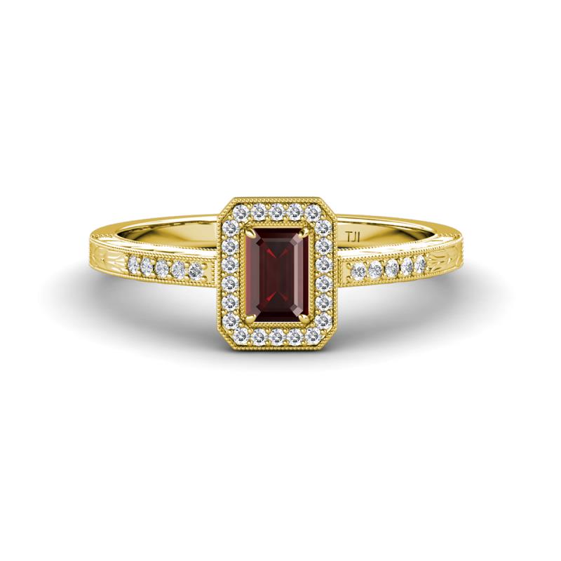 Wanda Desire Emerald Cut 6x4 mm Red Garnet and Round Diamond Leaf Engraved Halo Engagement Ring 