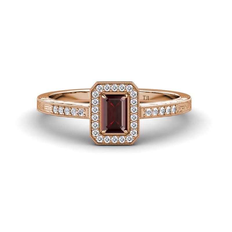 Wanda Desire Emerald Cut 6x4 mm Red Garnet and Round Diamond Leaf Engraved Halo Engagement Ring 