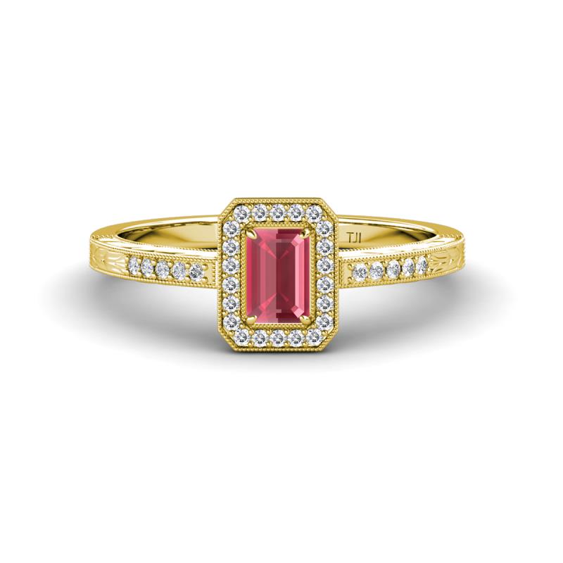 Wanda Desire Emerald Cut 6x4 mm Rhodolite Garnet and Round Diamond Leaf Engraved Halo Engagement Ring 