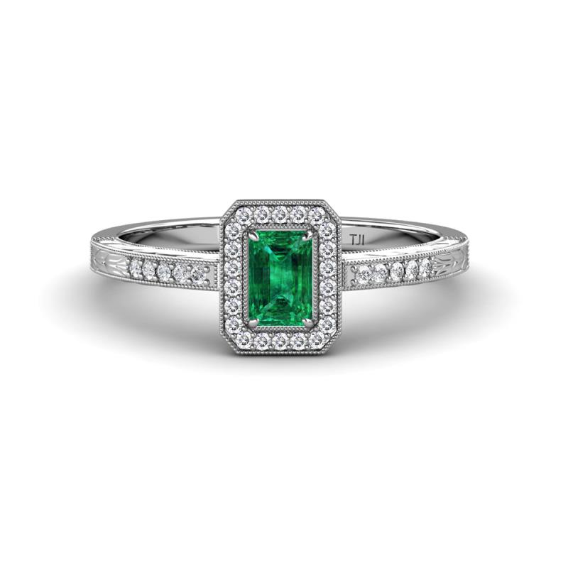 Wanda Desire Emerald Cut 6x4 mm Emerald and Round Diamond Leaf Engraved Halo Engagement Ring 
