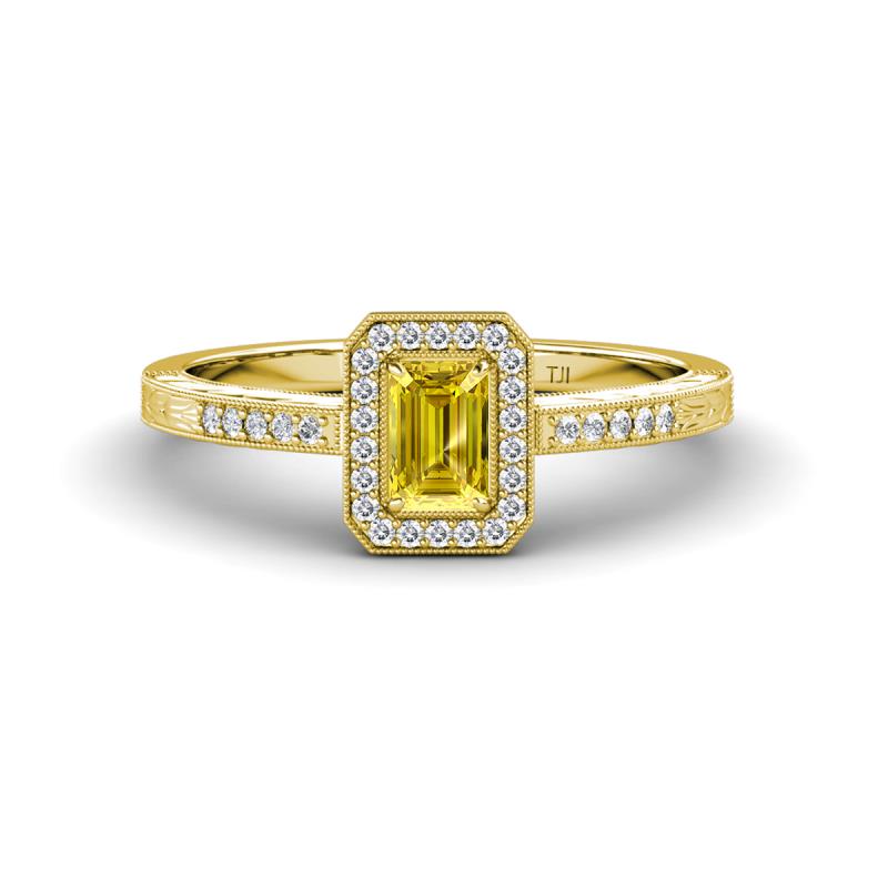 Wanda Desire Emerald Cut 6x4 mm Yellow Sapphire and Round Diamond Leaf Engraved Halo Engagement Ring 