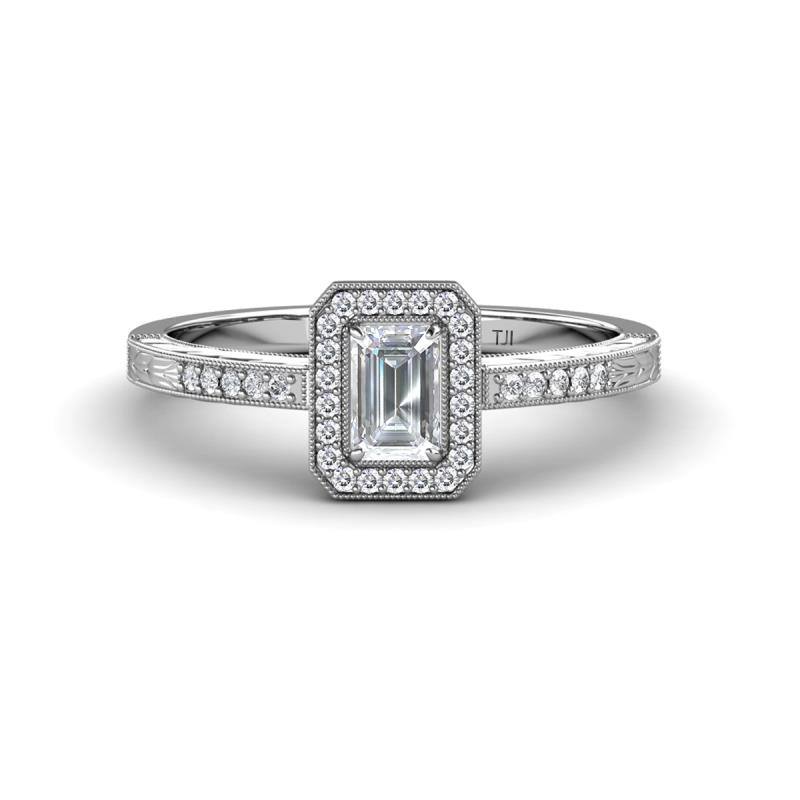 Wanda Desire Emerald Cut 6x4 mm White Sapphire and Round Diamond Leaf Engraved Halo Engagement Ring 