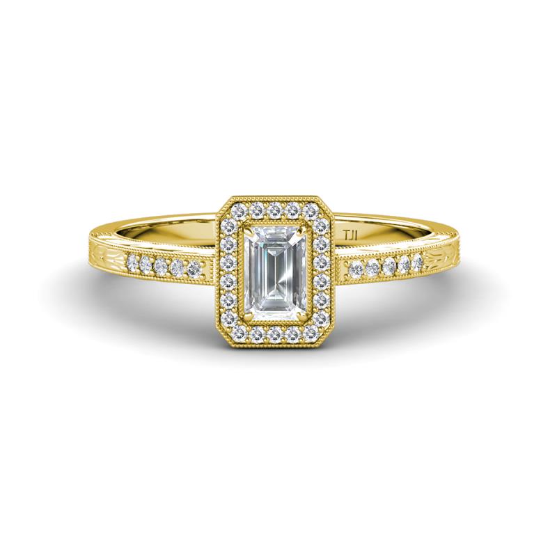 Wanda Desire Emerald Cut 6x4 mm White Sapphire and Round Diamond Leaf Engraved Halo Engagement Ring 