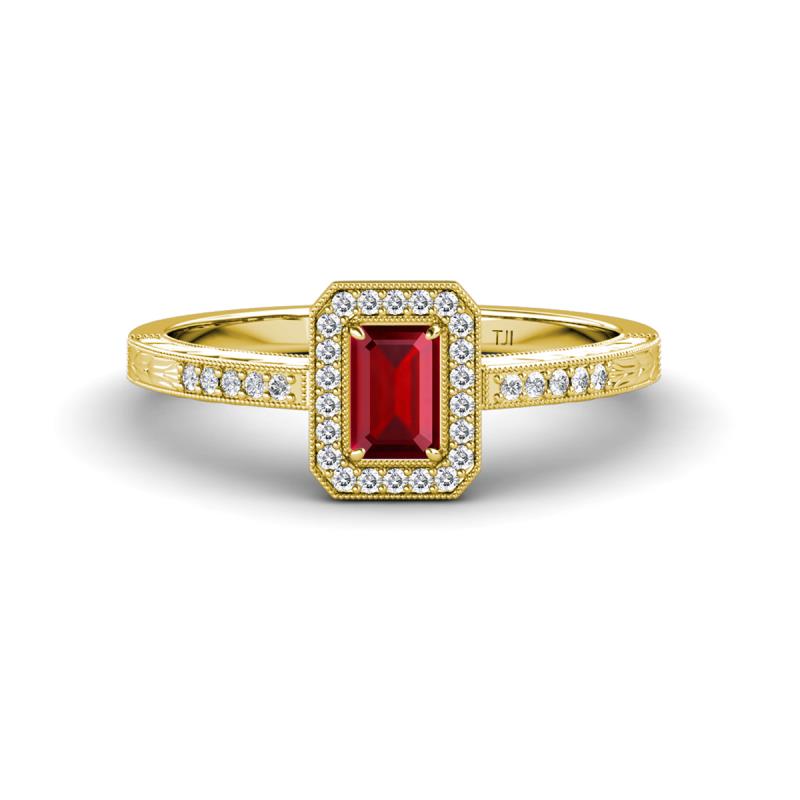 Wanda Desire Emerald Cut 6x4 mm Ruby and Round Diamond Leaf Engraved Halo Engagement Ring 