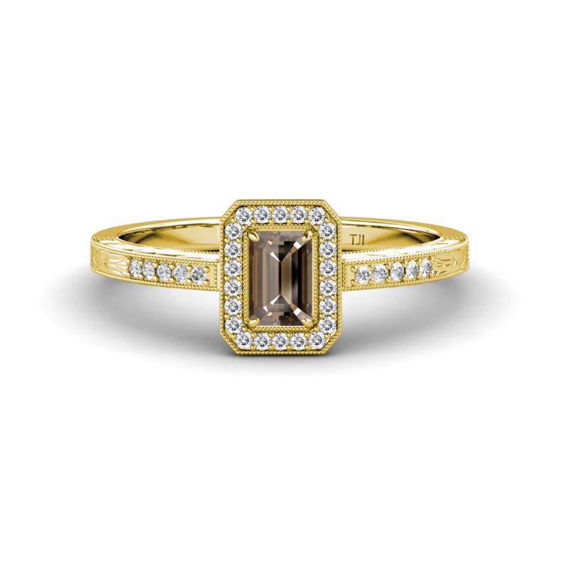 Wanda Desire Emerald Cut 6x4 mm Smoky Quartz and Round Diamond Leaf Engraved Halo Engagement Ring 