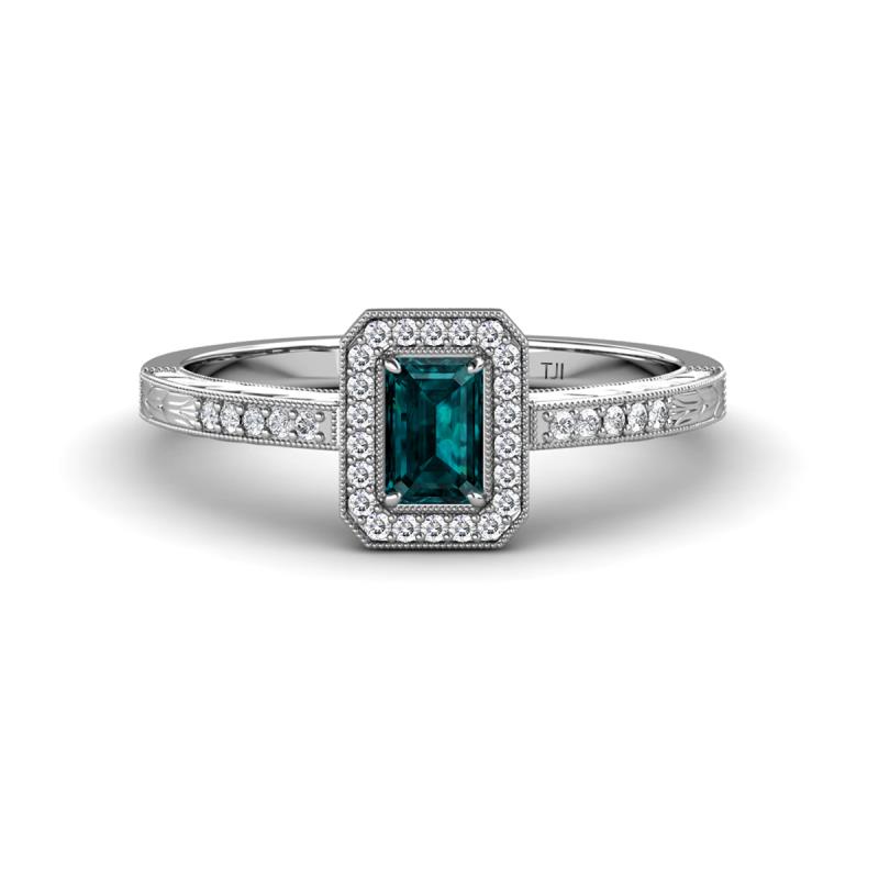 Wanda Desire Emerald Cut 6x4 mm London Blue Topaz and Round Diamond Leaf Engraved Halo Engagement Ring 