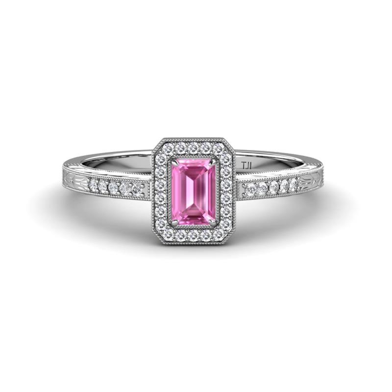 Wanda Desire Emerald Cut 6x4 mm Pink Sapphire and Round Diamond Leaf Engraved Halo Engagement Ring 