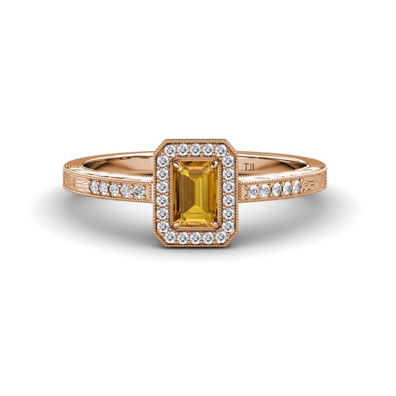 Wanda Desire Emerald Cut 6x4 mm Citrine and Round Diamond Leaf Engraved Halo Engagement Ring 