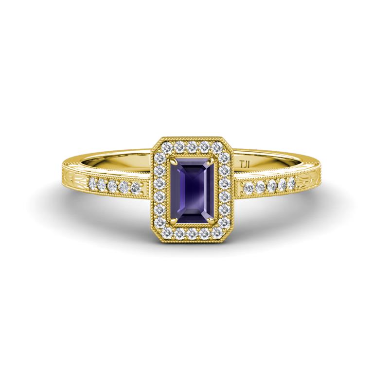 Wanda Desire Emerald Cut 6x4 mm Iolite and Round Diamond Leaf Engraved Halo Engagement Ring 