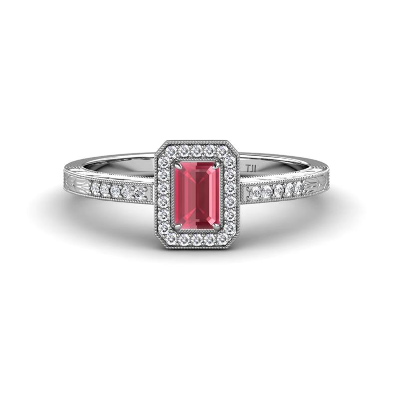 Wanda Desire Emerald Cut 6x4 mm Rhodolite Garnet and Round Diamond Leaf Engraved Halo Engagement Ring 